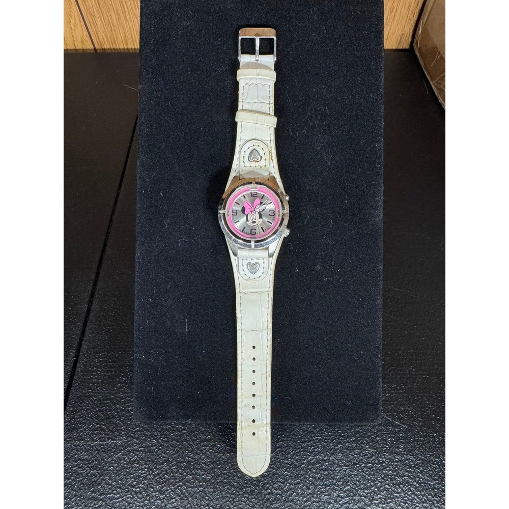 Disney Minnie Mouse Watch White Croc Cuff Strap Silver Heart Studs Pink Bezel